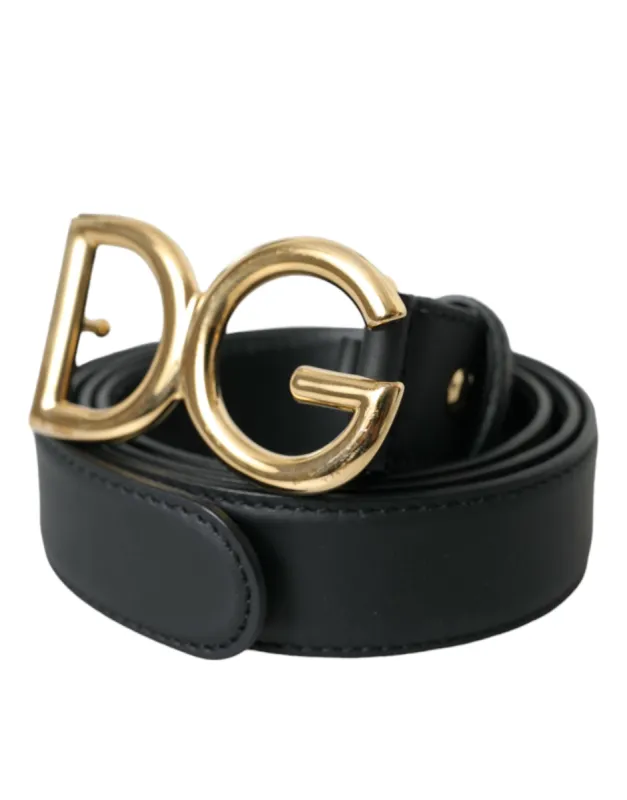 Black Leather Gold DG Logo Waist Buckle Belt sold by Louxly