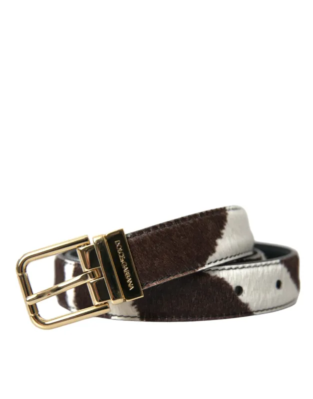 Brown White Zebra Pony Hair Gold Buckle Belt sold by Louxly