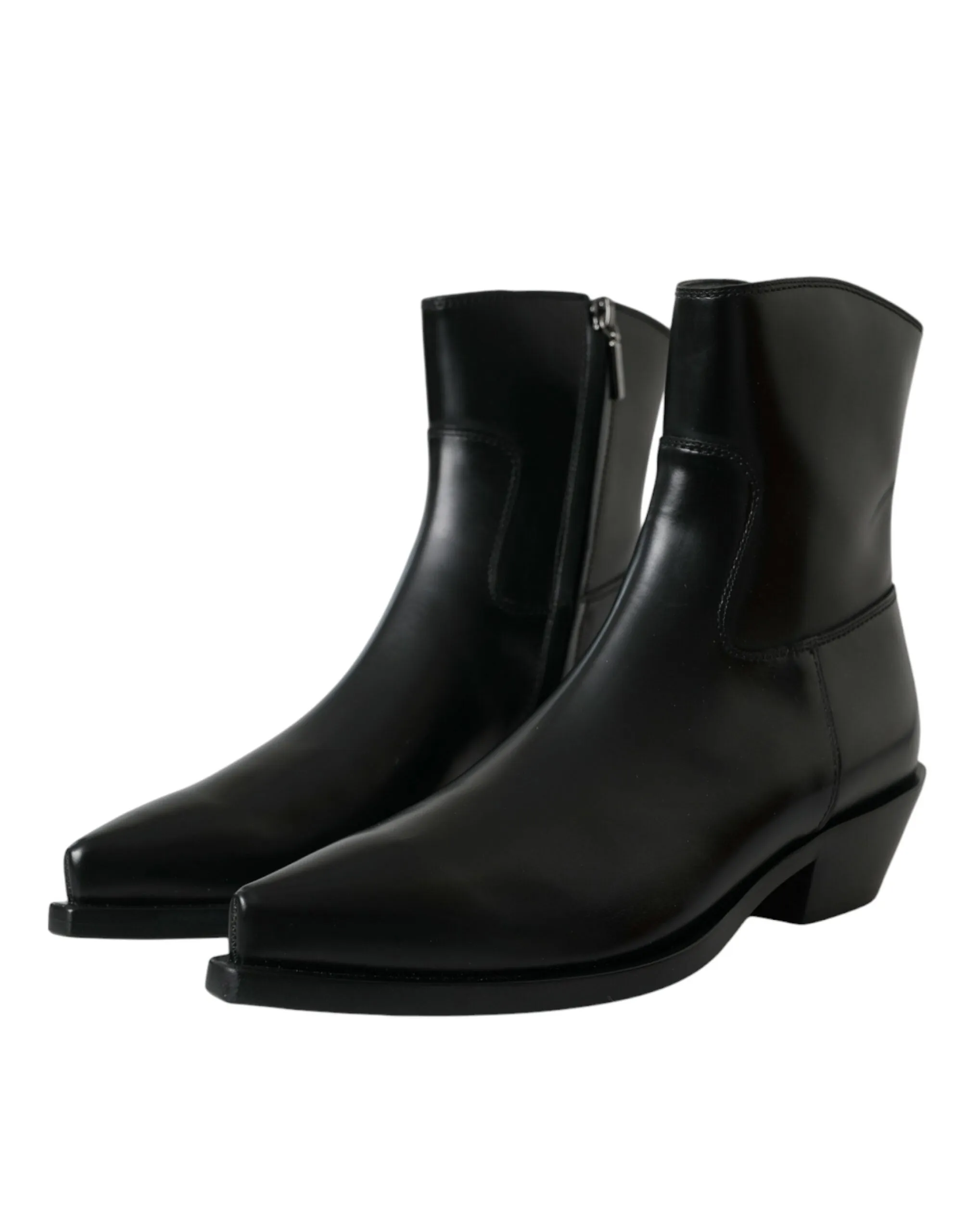Black Leather Mid Calf Flats Boots Shoes sold by Louxly product image thumbnail 3