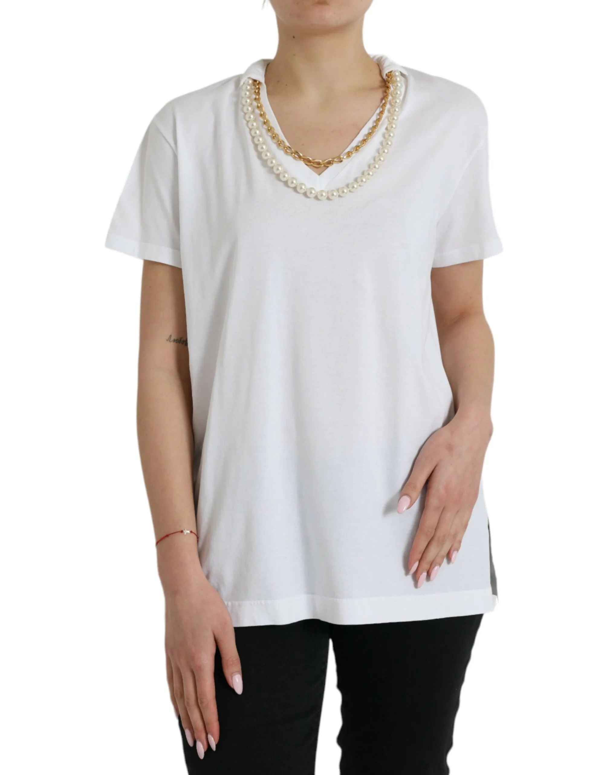 Elegant White Cotton Tee with Necklace Detail sold by Louxly