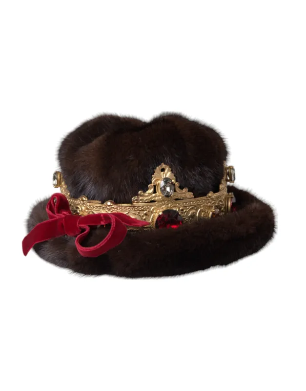 Dark Brown Mink Fur Gold Crystal Crown Hat sold by Louxly