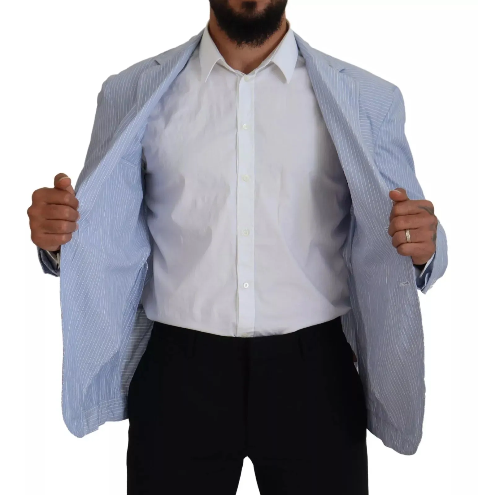 Blue Striped Single Breasted Formal Coat Blazer sold by Louxly product image thumbnail 2