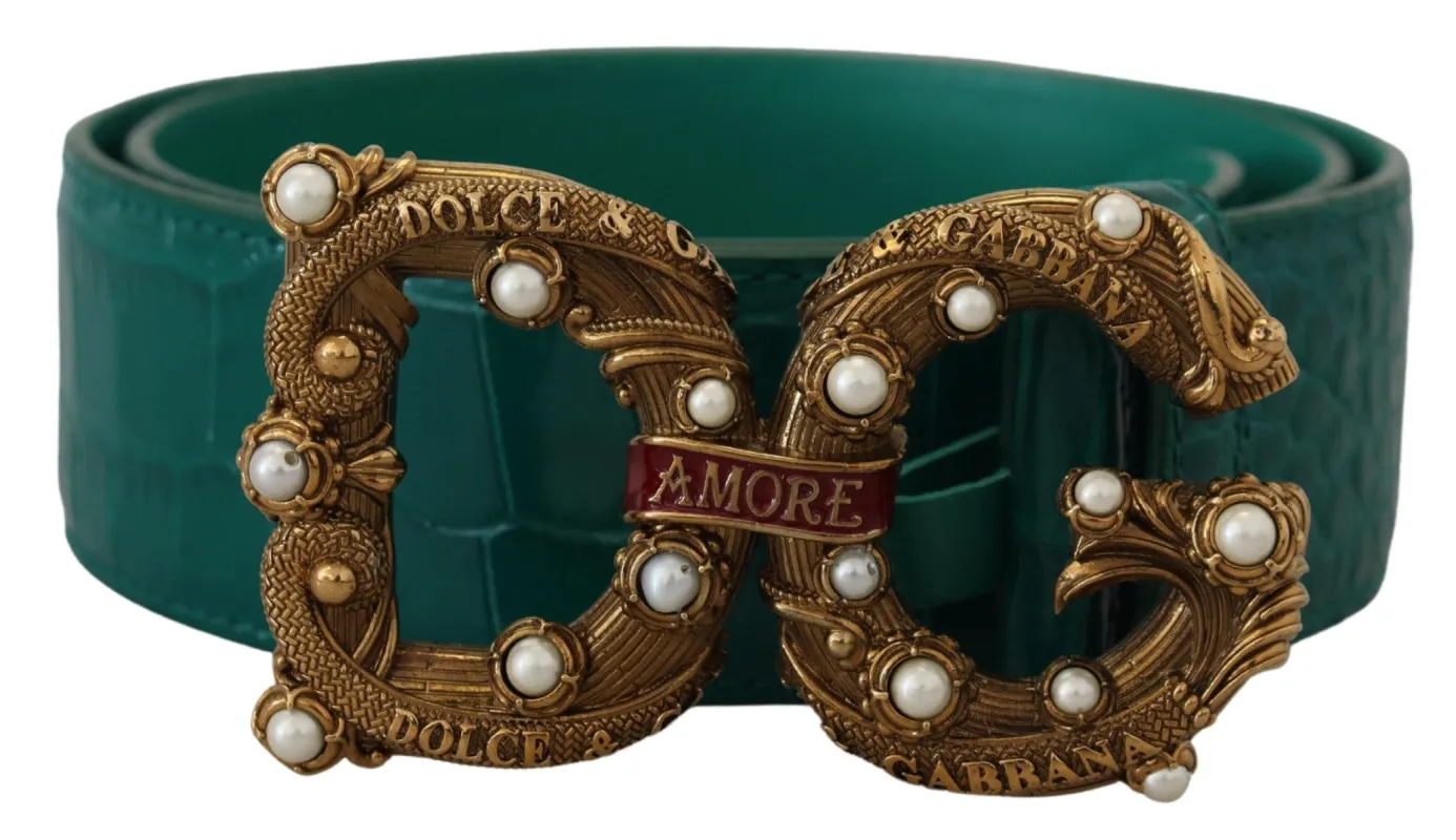 Green Amore Leather Logo Buckle Women Belt sold by Louxly