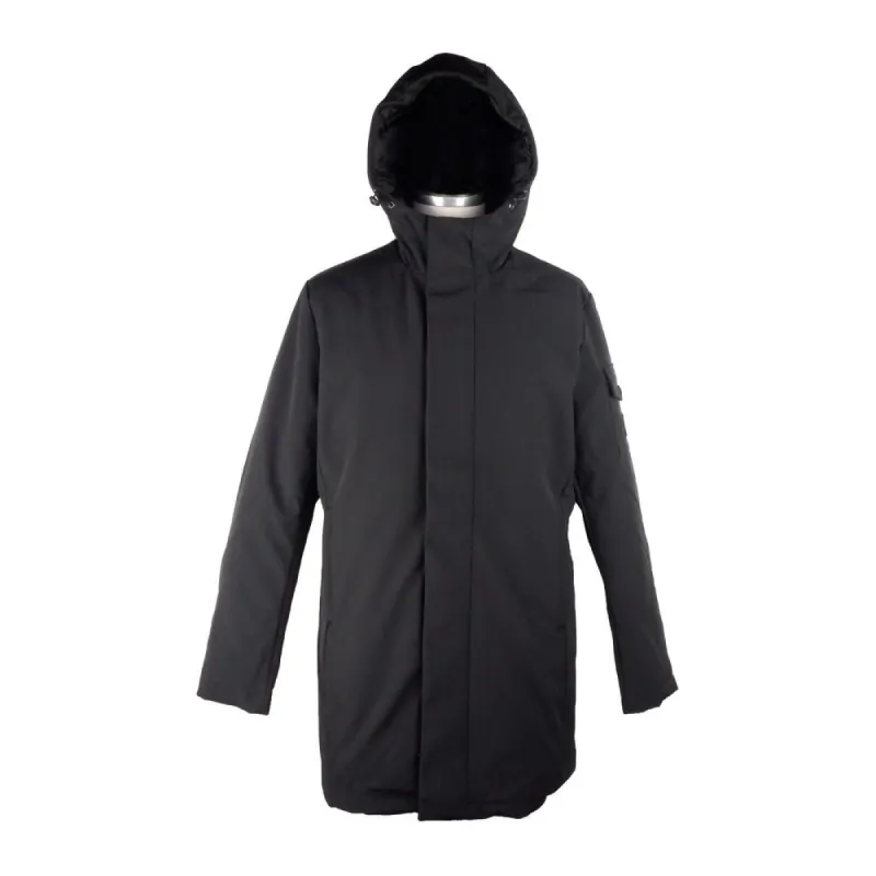 Sleek Hooded Long Jacket with Zip and Button Closure sold by Louxly