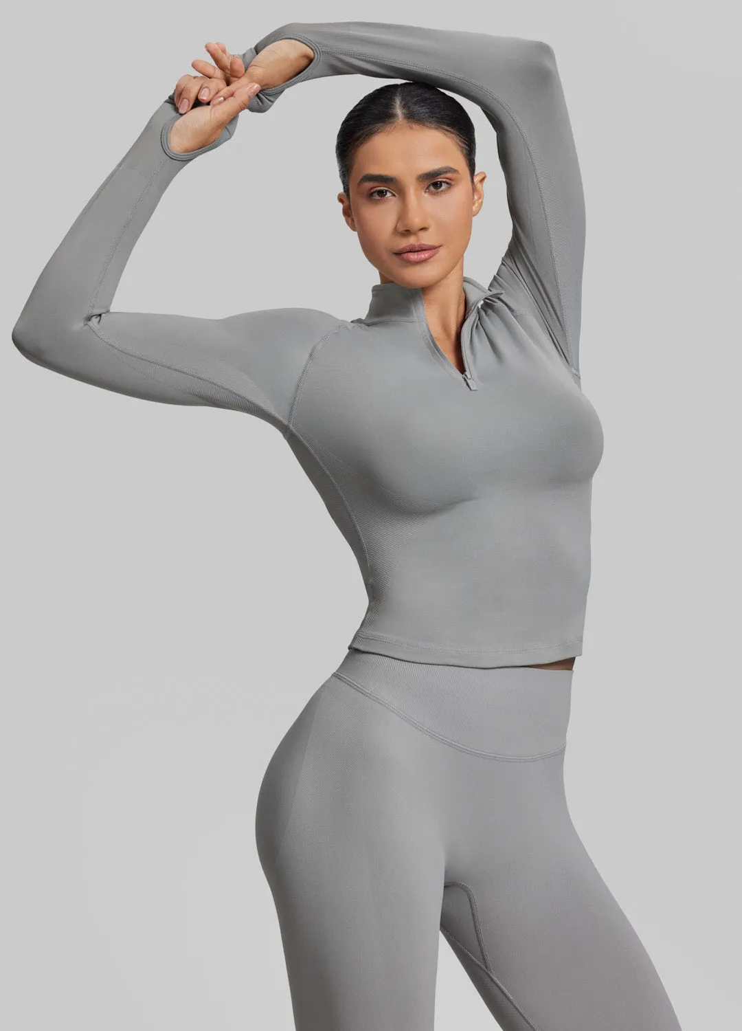 Ultrasculpt Longline Form-Fitting Seamless Thumb Hole Twill Knit Half-Zip Top sold by BetterMe product image thumbnail 5