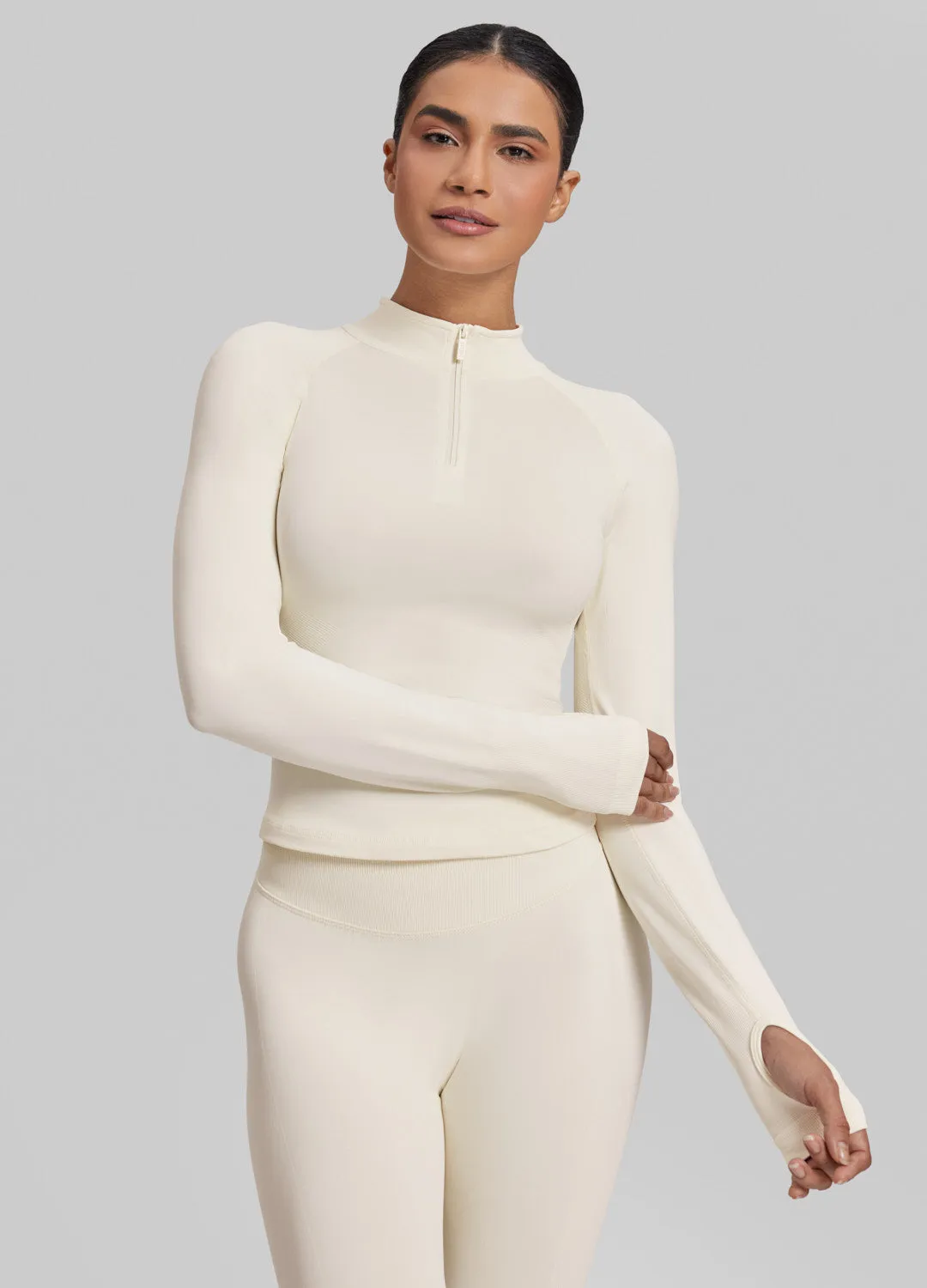 Ultrasculpt Longline Form-Fitting Seamless Thumb Hole Twill Knit Half-Zip Top sold by BetterMe product image thumbnail 5