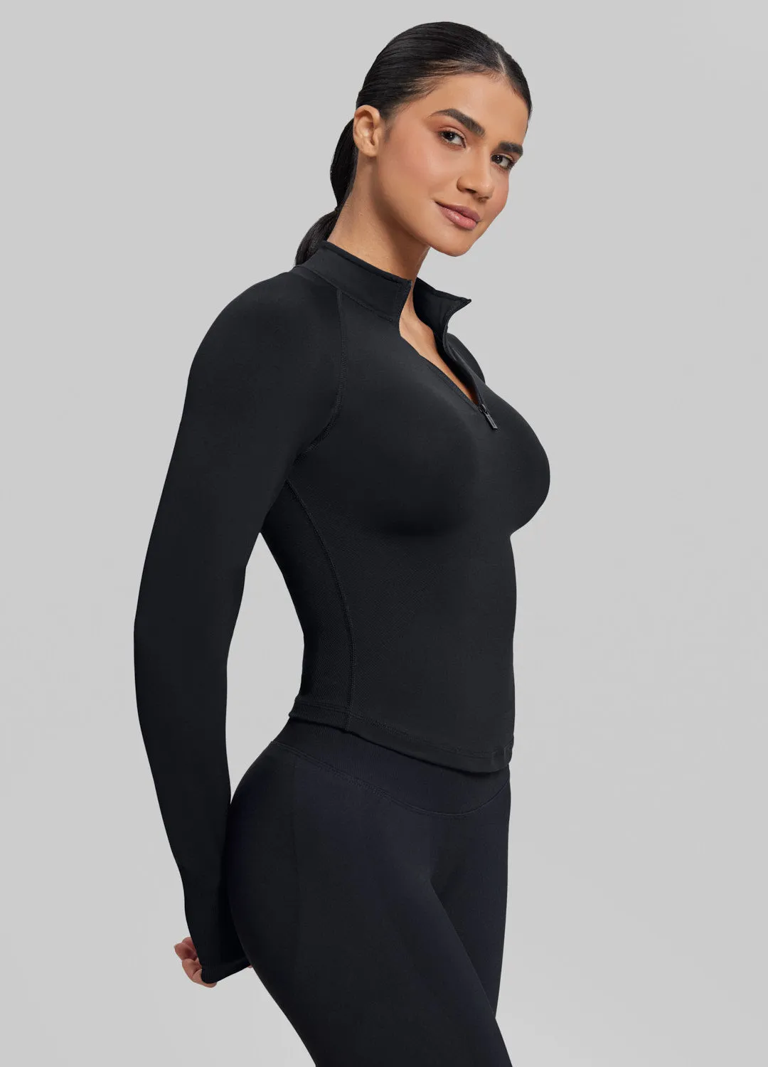 Ultrasculpt Longline Form-Fitting Seamless Thumb Hole Twill Knit Half-Zip Top sold by BetterMe product image thumbnail 5