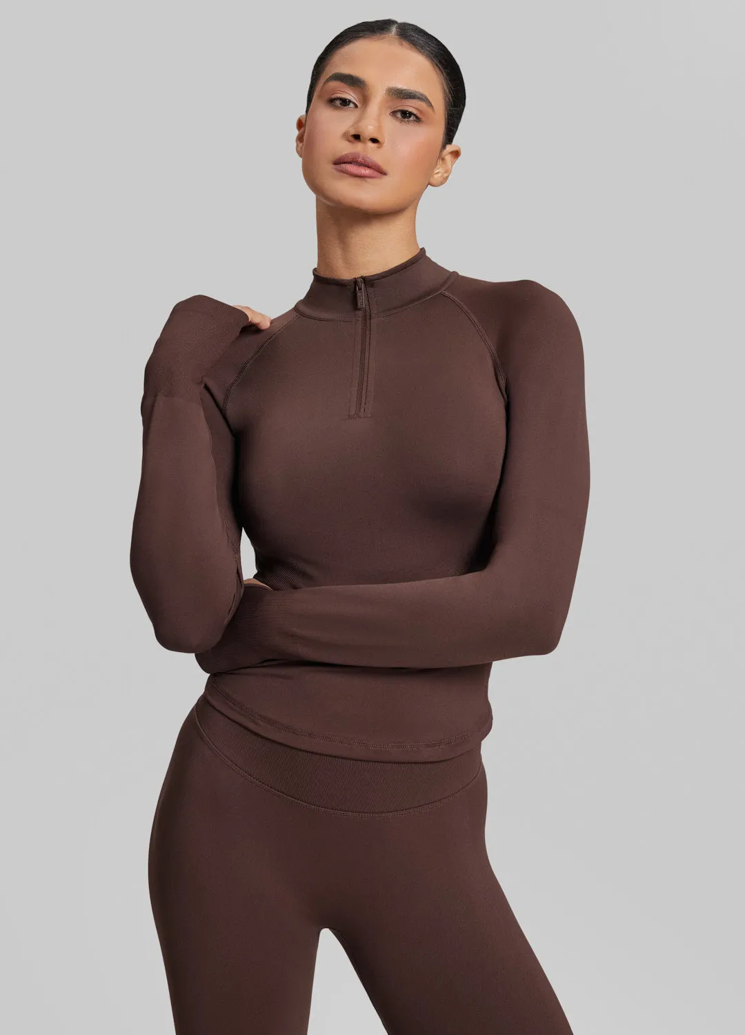 Ultrasculpt Longline Form-Fitting Seamless Thumb Hole Twill Knit Half-Zip Top sold by BetterMe product image thumbnail 4