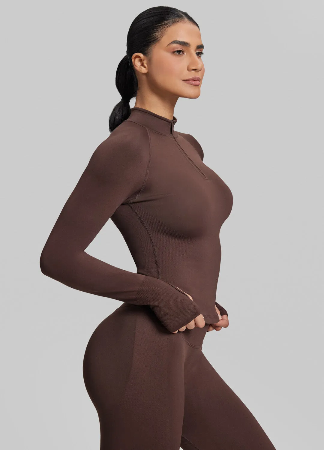 Ultrasculpt Longline Form-Fitting Seamless Thumb Hole Twill Knit Half-Zip Top sold by BetterMe product image thumbnail 2