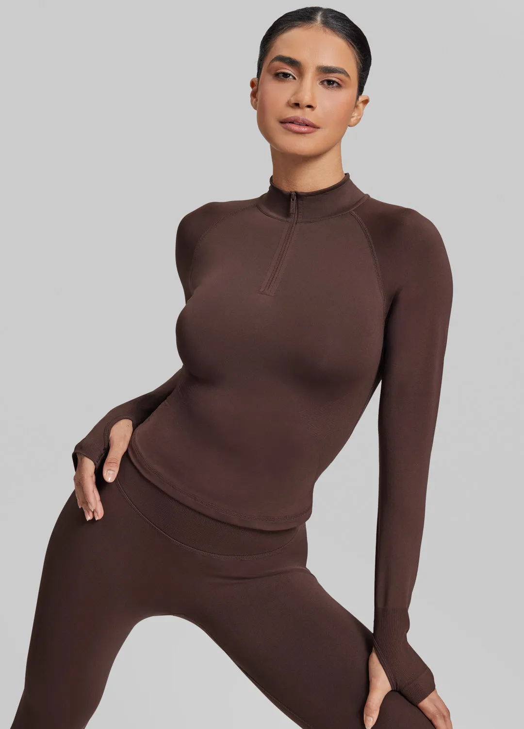 Ultrasculpt Longline Form-Fitting Seamless Thumb Hole Twill Knit Half-Zip Top sold by BetterMe product image thumbnail 5
