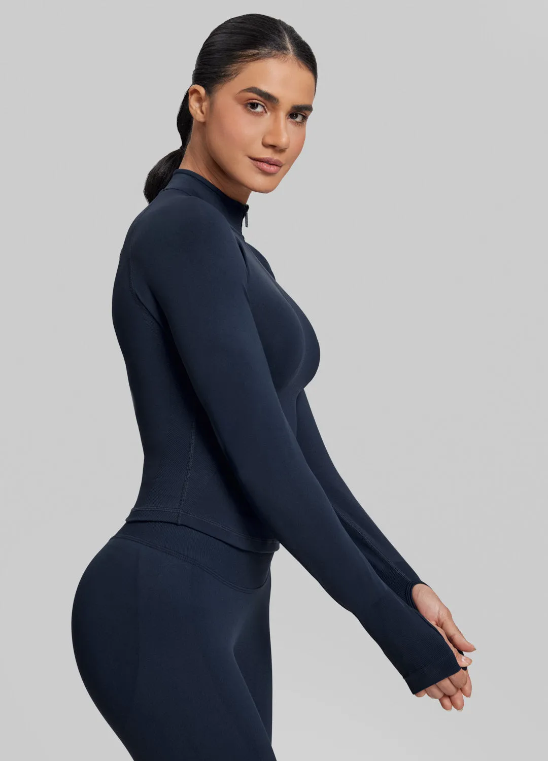 Ultrasculpt Longline Form-Fitting Seamless Thumb Hole Twill Knit Half-Zip Top sold by BetterMe product image thumbnail 2