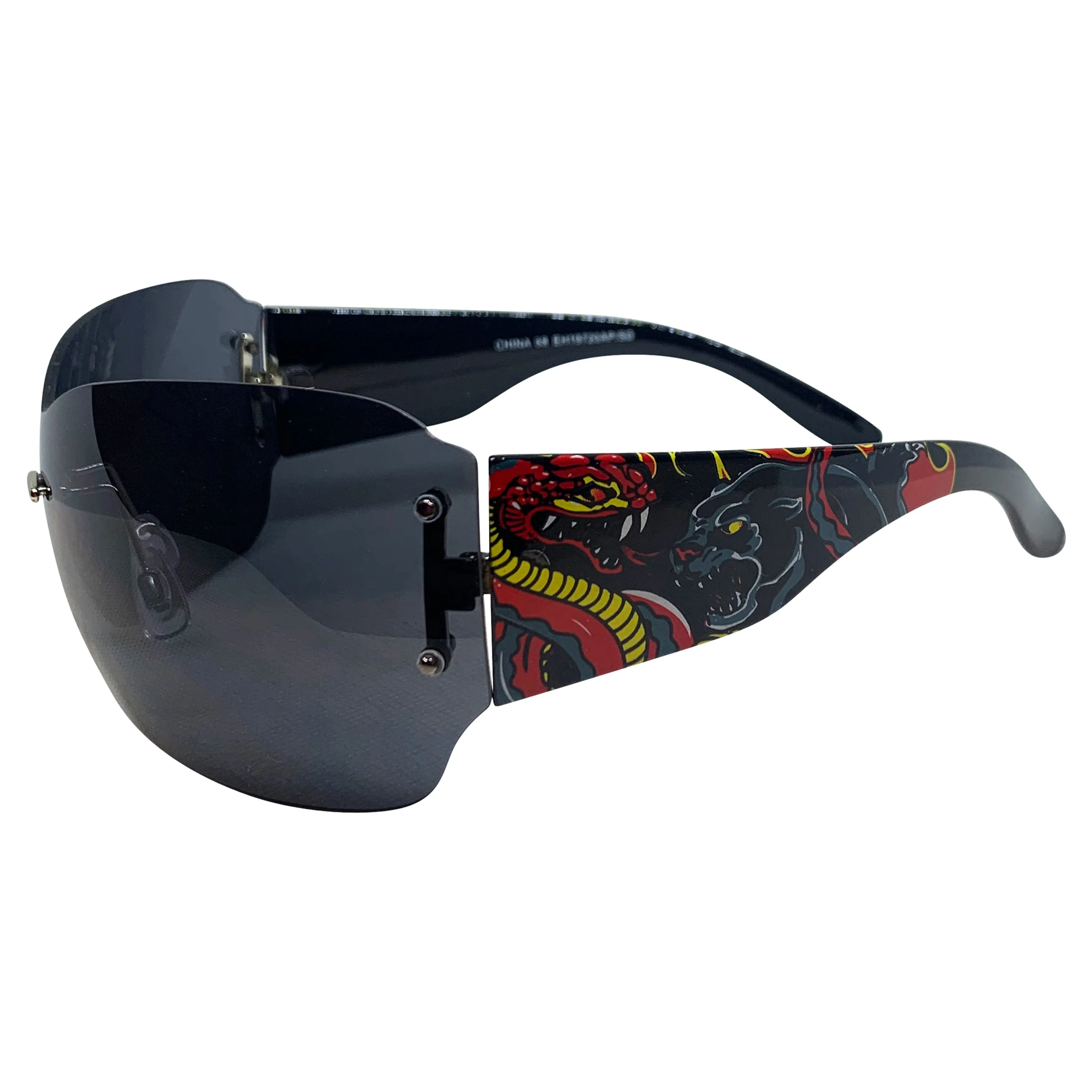 DAWN Tattoo Art Y2K Shield Sunglasses: Black/Super Dark Dragon sold by Giant Vintage