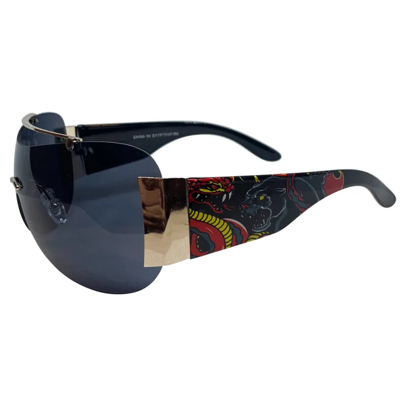 EDDY Y2K Tattoo Art Shield Sunglasses: Black/Super Dark Dragons sold by Giant Vintage
