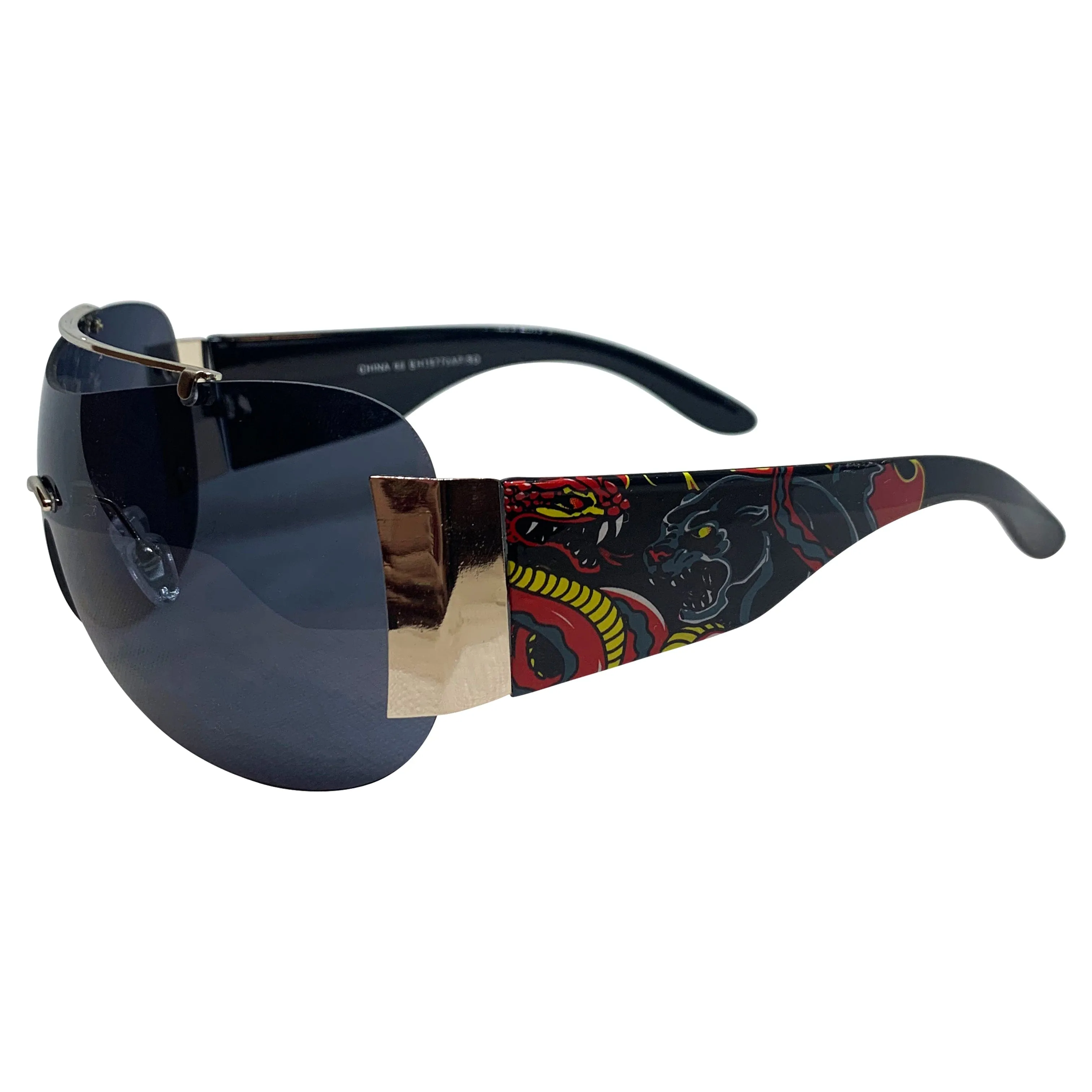 EDDY Y2K Tattoo Art Shield Sunglasses: Black/Super Dark Dragons sold by Giant Vintage