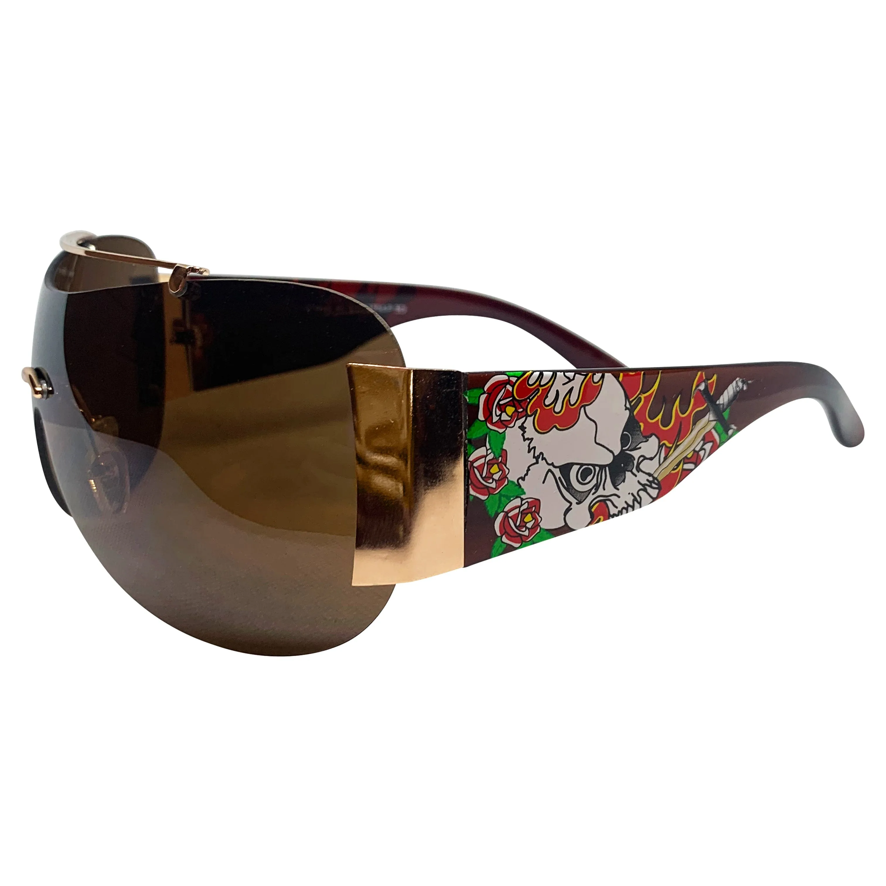 EDDY Y2K Tattoo Art Shield Sunglasses: Brown/Brown Flame Skull sold by Giant Vintage