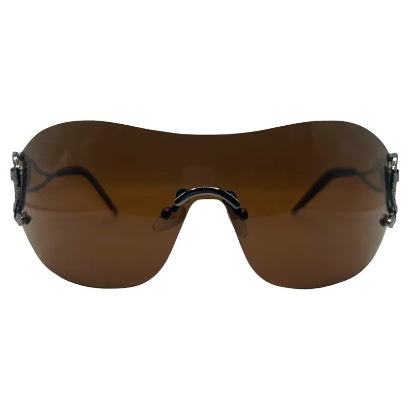 SNAKEY SNAKE Brown Rimless Shield Sunglasses sold by Giant Vintage