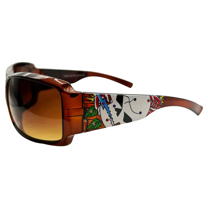TATTED BEDAZZLED Sporty Y2K Tattoo Art Sunglasses: Jelly Brown/Amber Torch Skull sold by Giant Vintage