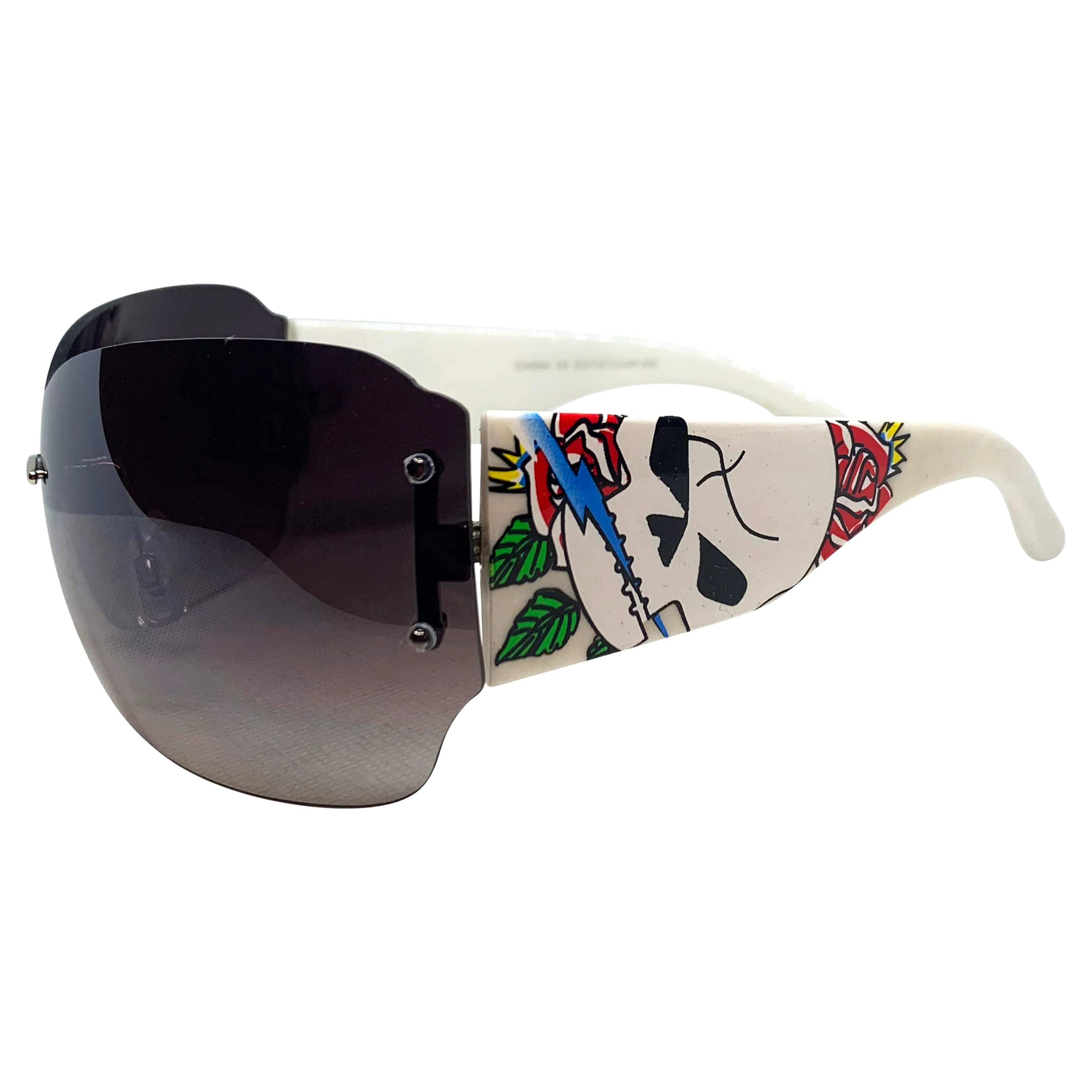DAWN Tattoo Art Y2K Shield Sunglasses: White/Smoke Torch Skull sold by Giant Vintage