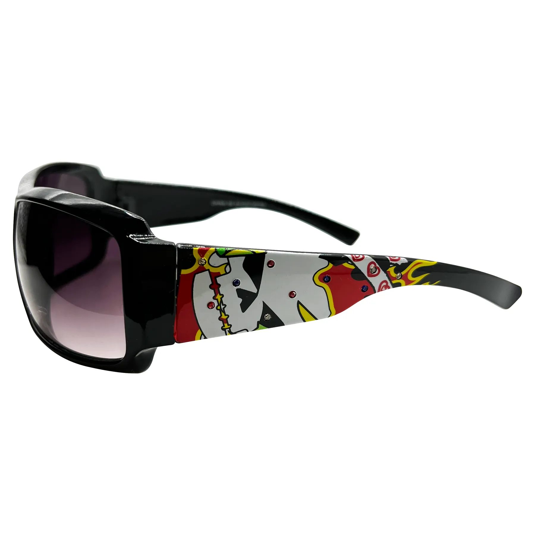 TATTED BEDAZZLED Sporty Y2K Tattoo Art Sunglasses: Black/Smoke Flame Skull sold by Giant Vintage