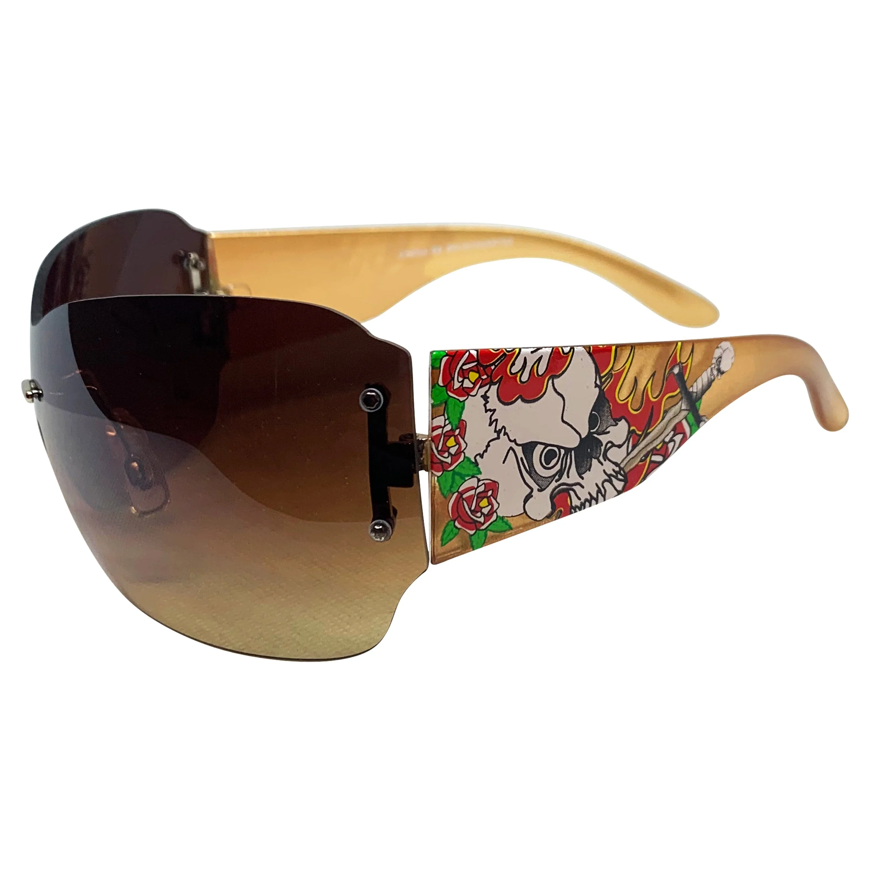 DAWN Tattoo Art Y2K Shield Sunglasses: Gold/Amber Flame Skull sold by Giant Vintage