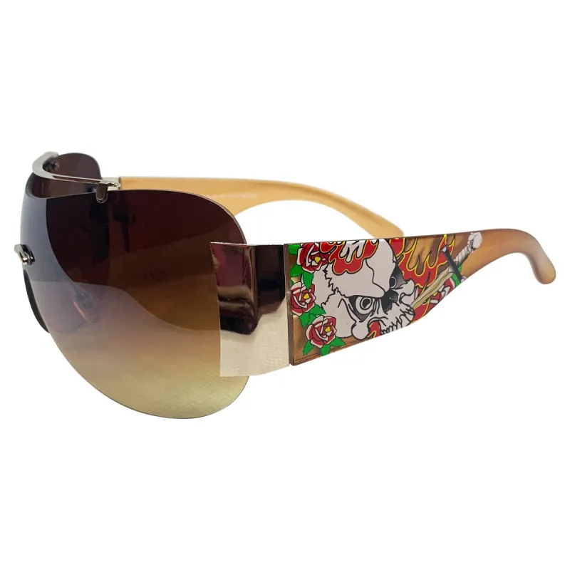 EDDY Y2K Tattoo Art Shield Sunglasses: Gold/Amber Flame Skull sold by Giant Vintage