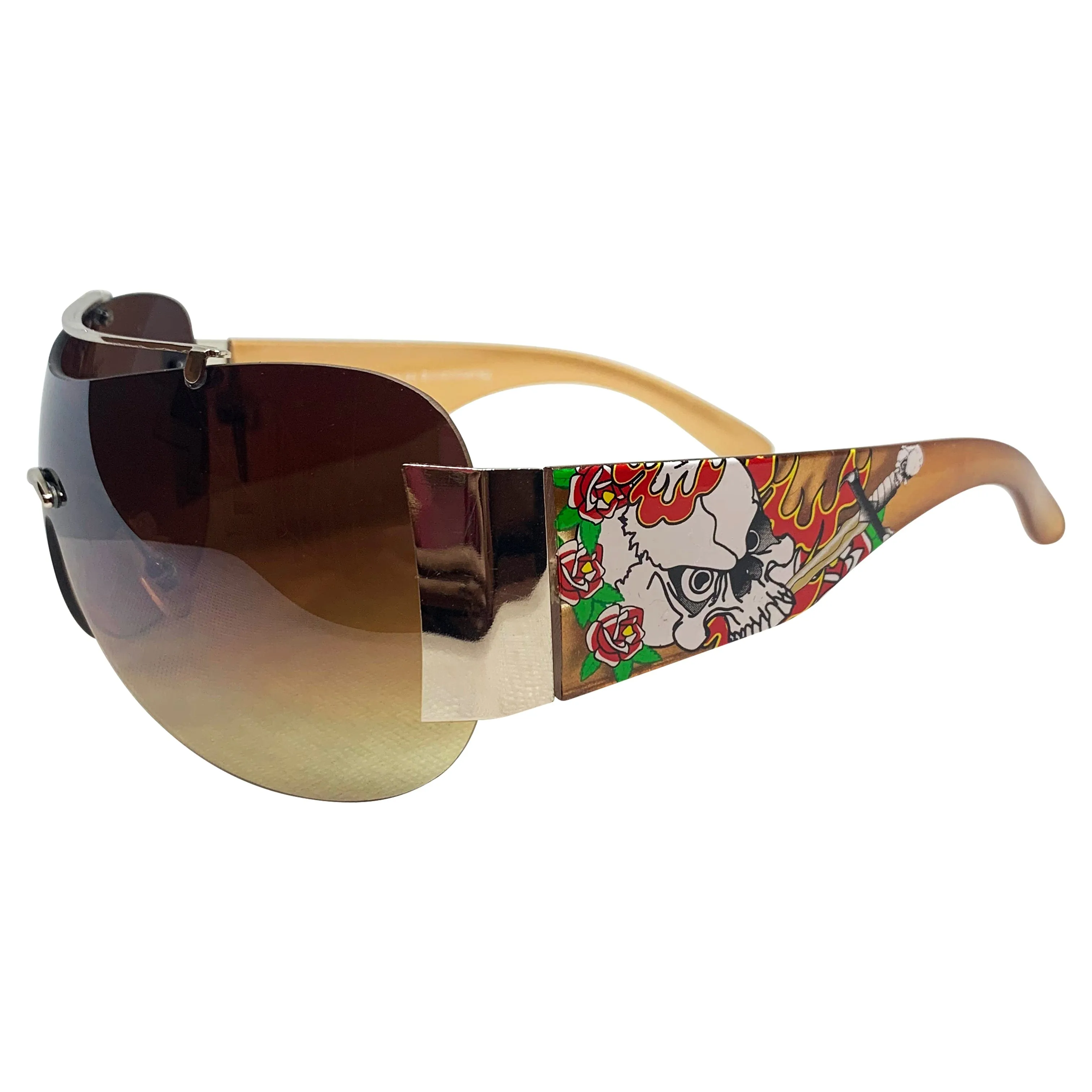 EDDY Y2K Tattoo Art Shield Sunglasses: Gold/Amber Flame Skull sold by Giant Vintage