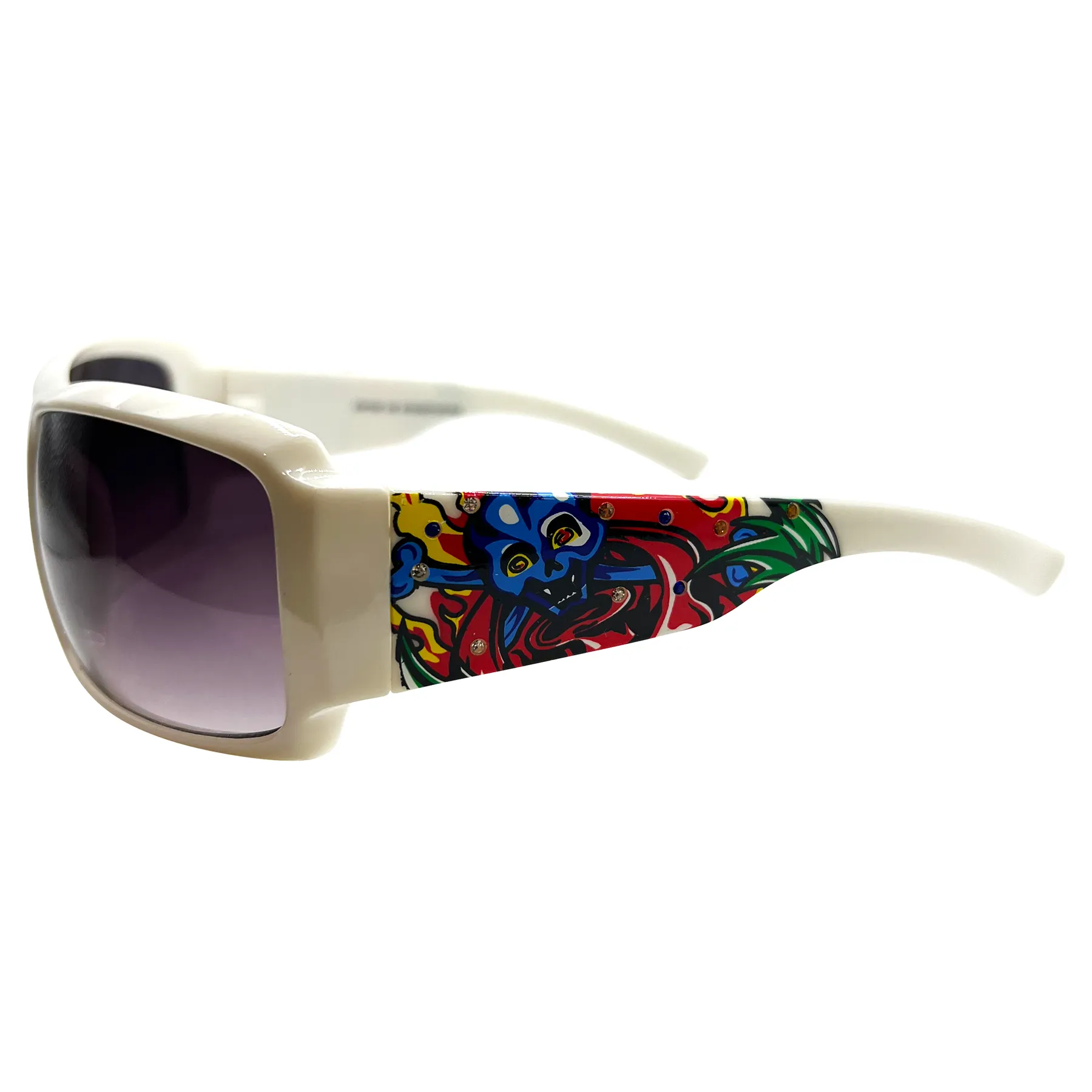 TATTED BEDAZZLED Sporty Y2k Sunglasses: White/Smoke Blue Skull sold by Giant Vintage