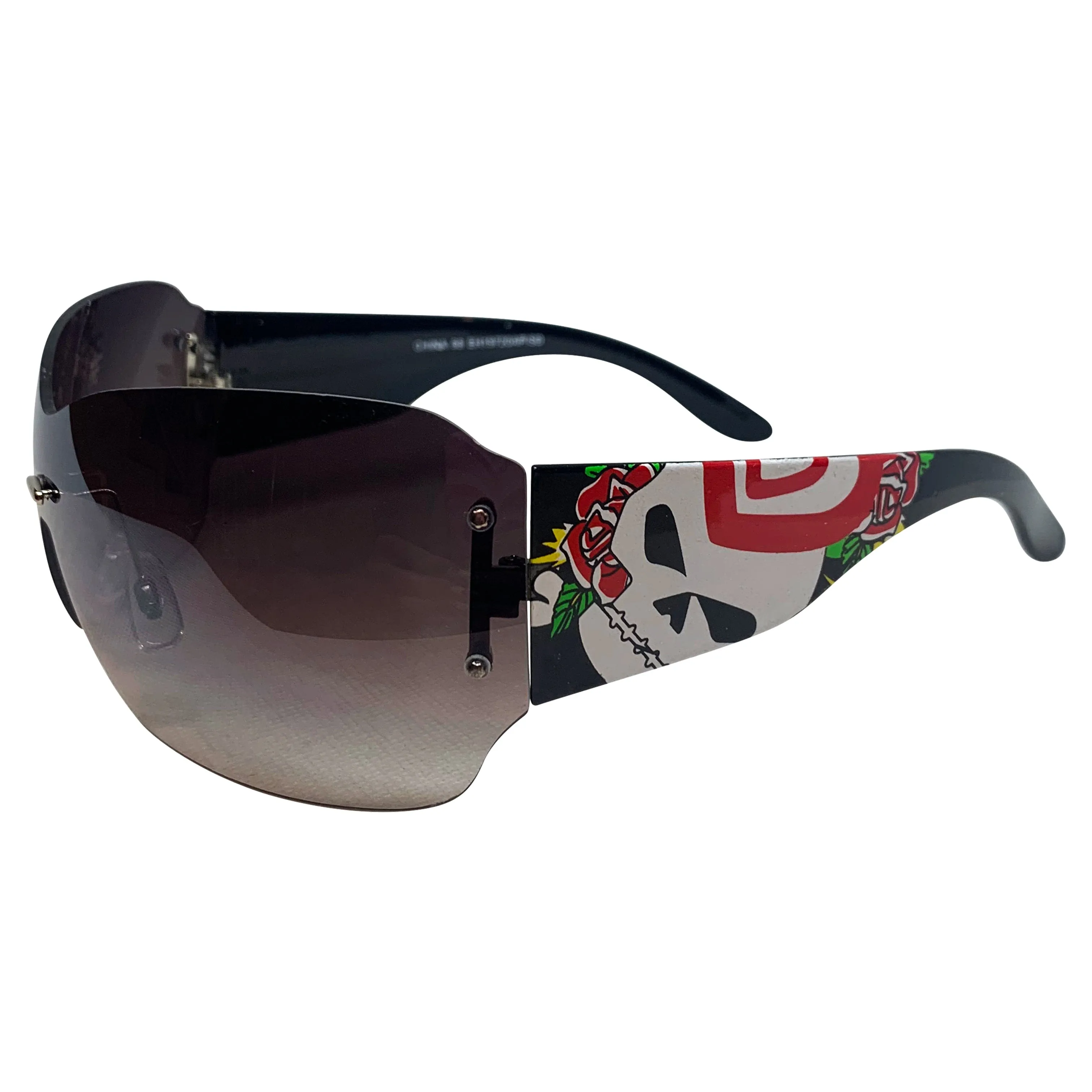 DAWN Tattoo Art Y2K Shield Sunglasses: Black/Smoke Heart Skull sold by Giant Vintage
