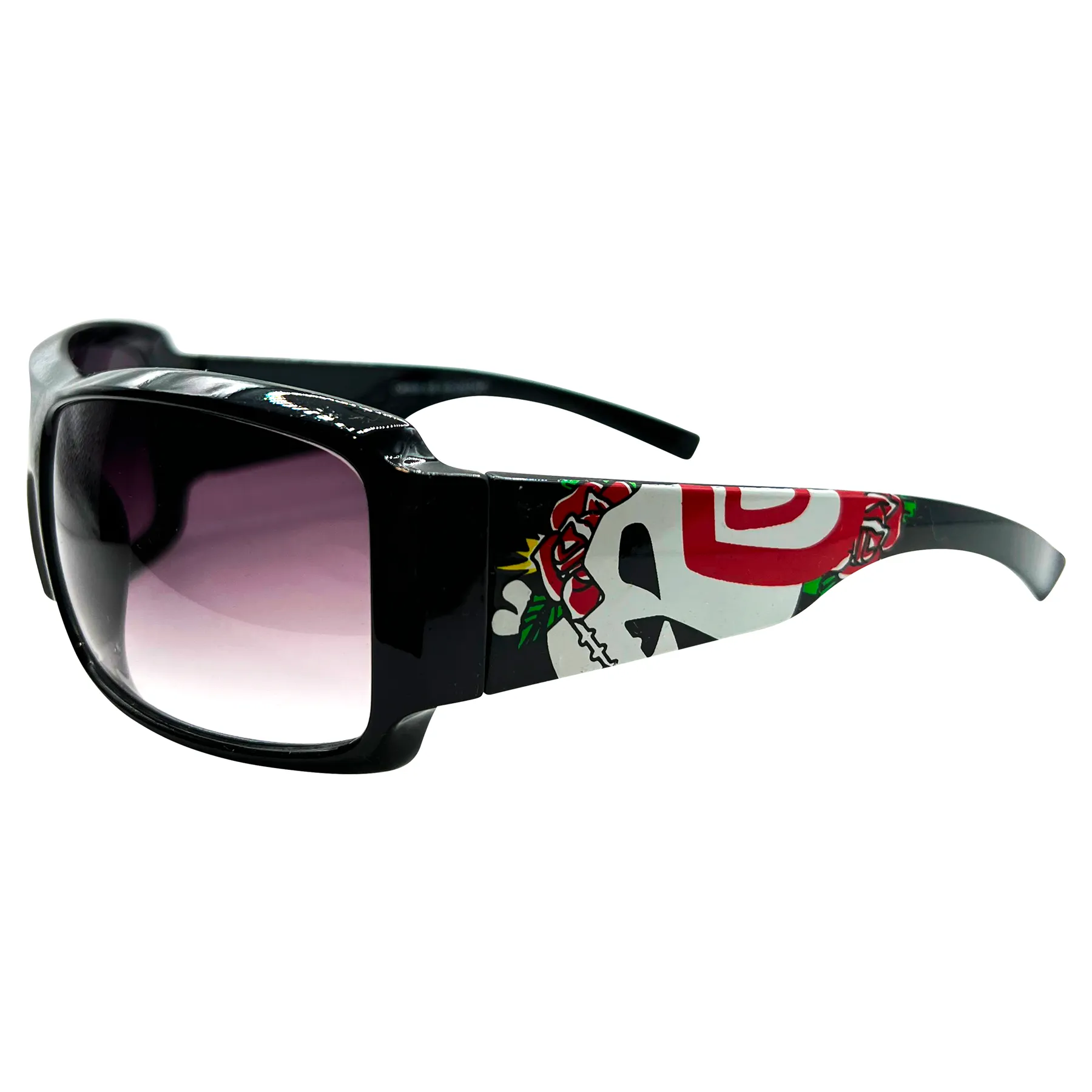 TATTED Sporty Y2K Tattoo Art Sunglasses: Black/Smoke Heart Skull sold by Giant Vintage