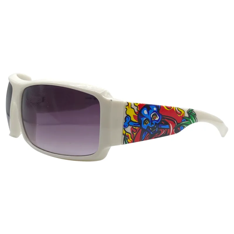 TATTED Sporty Y2K Tattoo Art Sunglasses: White/Smoke Ed Blue Skull sold by Giant Vintage