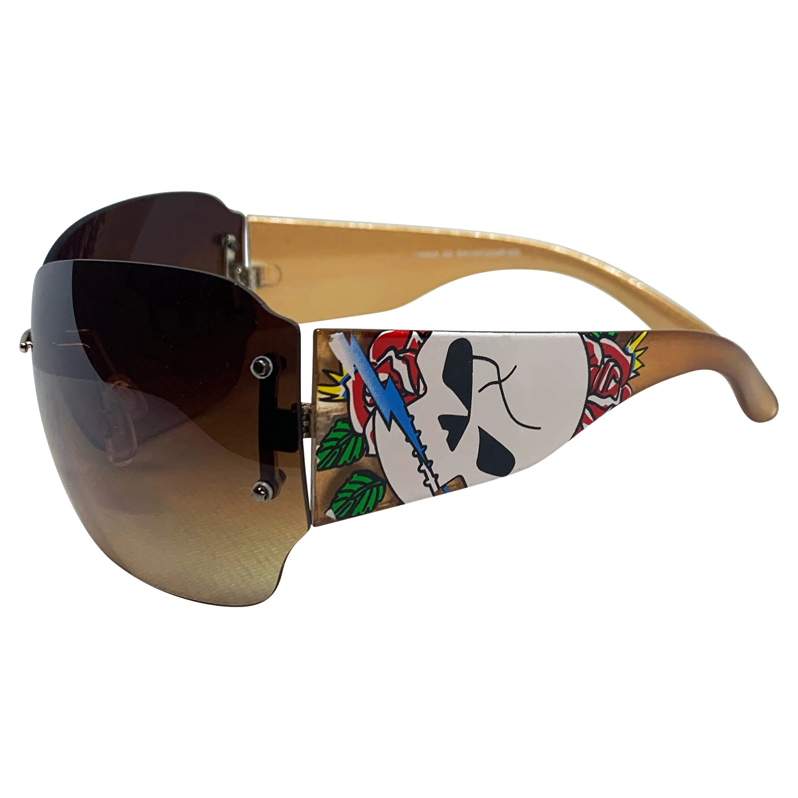 DAWN Tattoo Art Y2K Shield Sunglasses: Gold/Amber Torch Skull sold by Giant Vintage