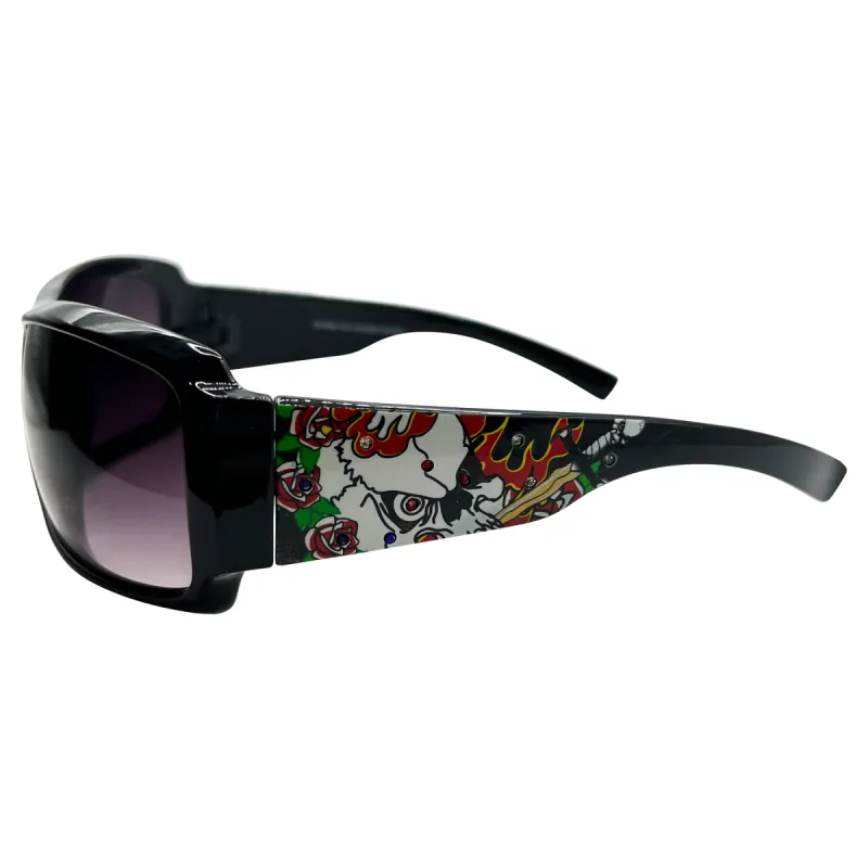 TATTED BEDAZZLED Sporty Y2K Tattoo Art Sunglasses: Black/Smoke Sword Skull sold by Giant Vintage