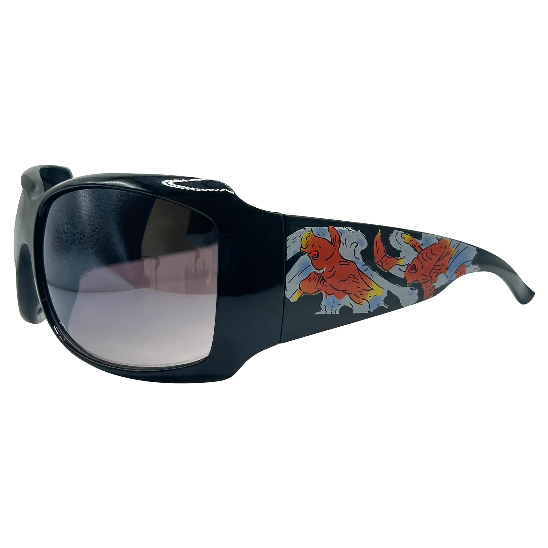 FORGIVE ME Bedazzled Tattoo Shield Y2K Sunglasses: COI Fish sold by Giant Vintage