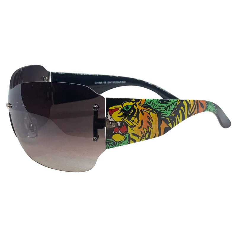 DAWN Tattoo Art Y2K Shield Sunglasses: Black/Smoke Tigers sold by Giant Vintage
