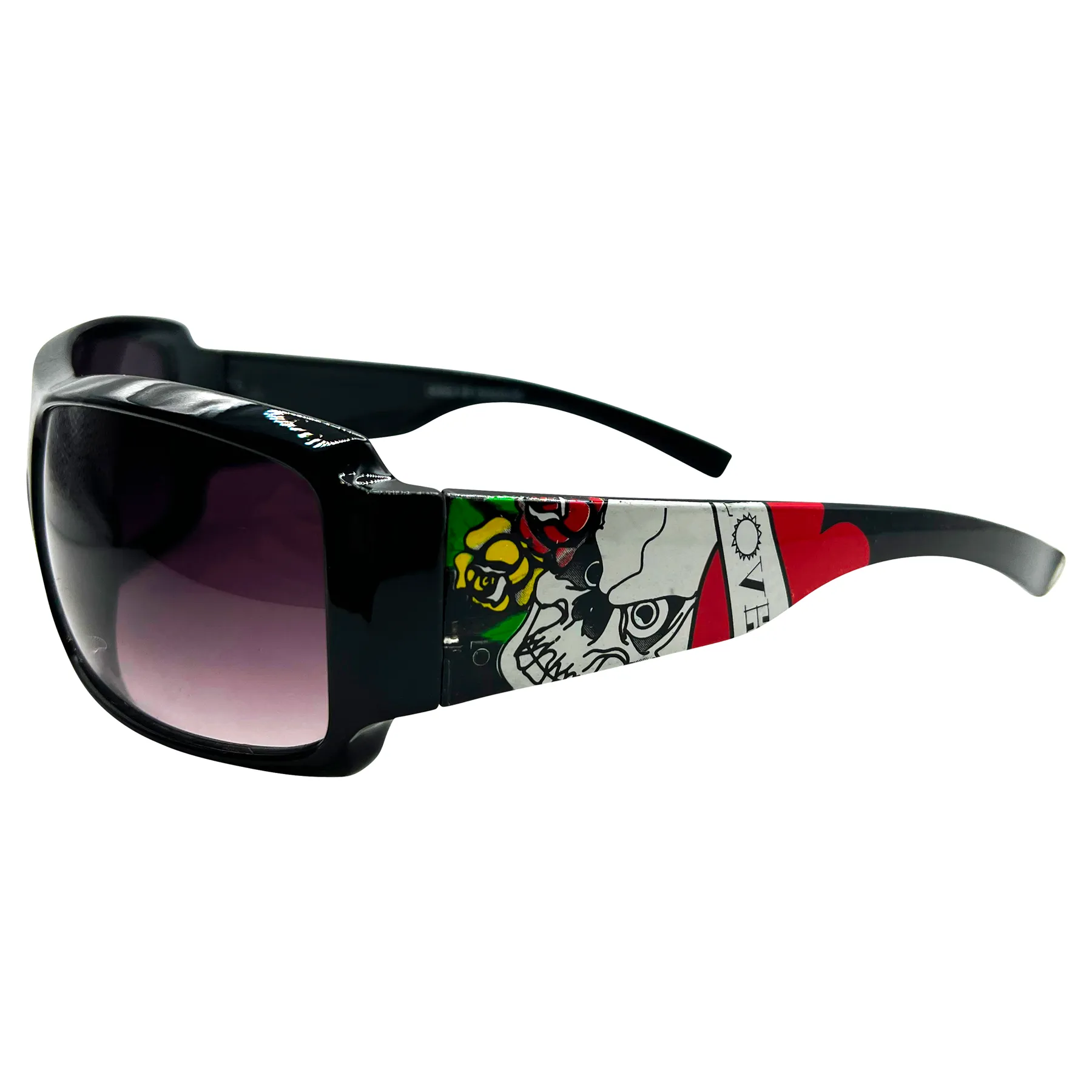 TATTED Sporty Y2K Tattoo Art Sunglasses: Black/Smoke Love Skull sold by Giant Vintage