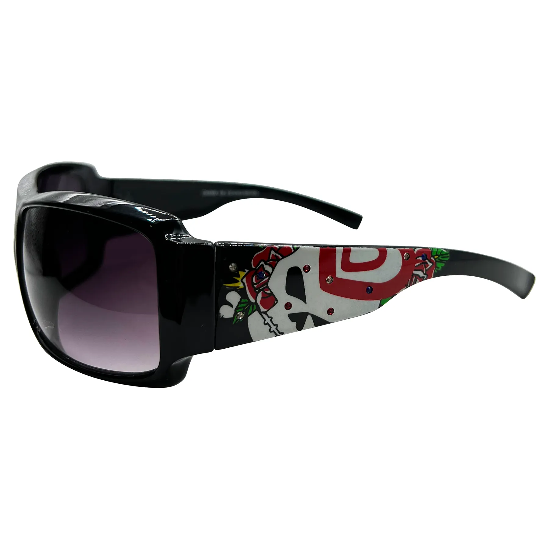 TATTED BEDAZZLED Sporty Y2K Tattoo Art Sunglasses: Black/Smoke Heart Skull sold by Giant Vintage