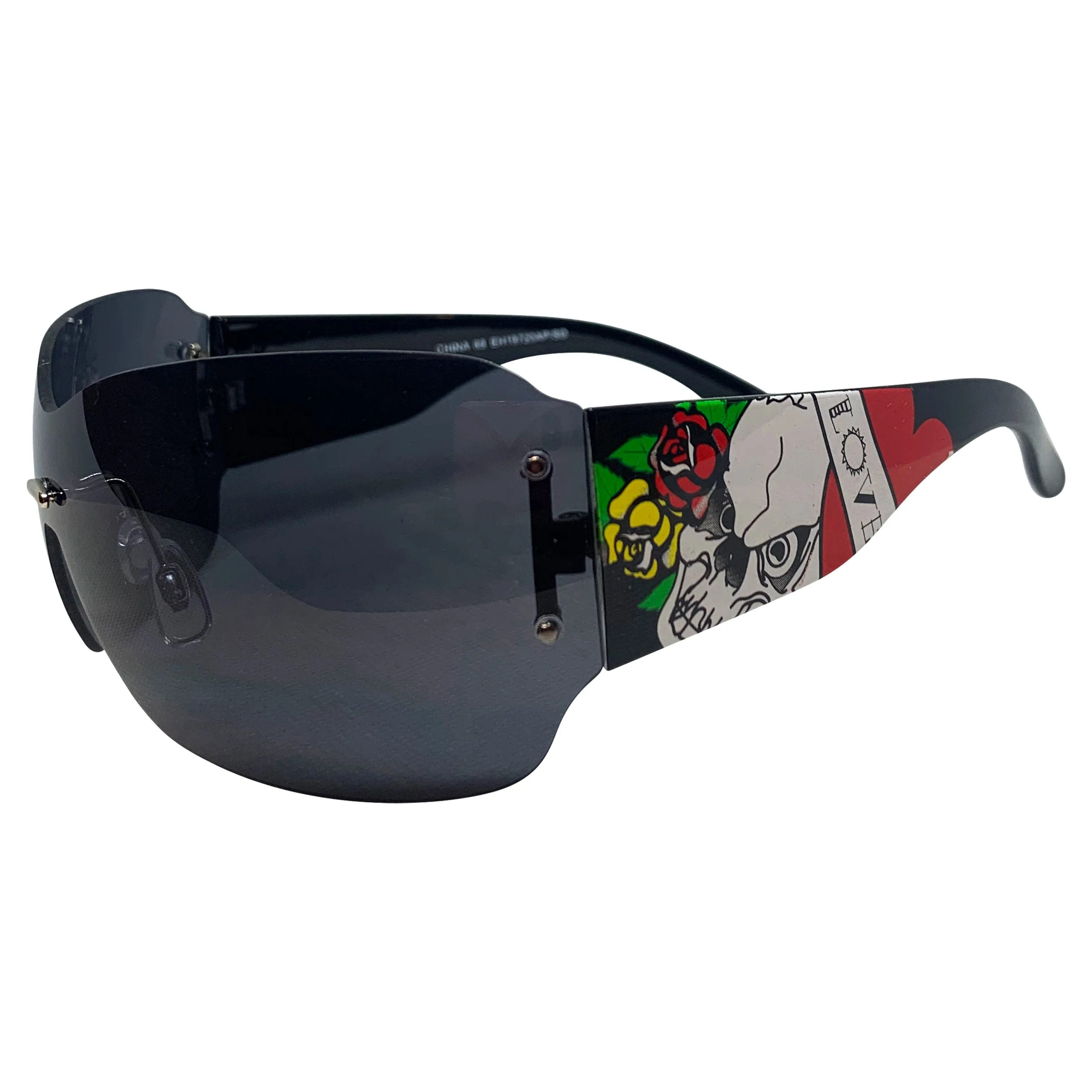DAWN Tattoo Art Y2K Shield Sunglasses: Black/Super Dark Love Skull sold by Giant Vintage