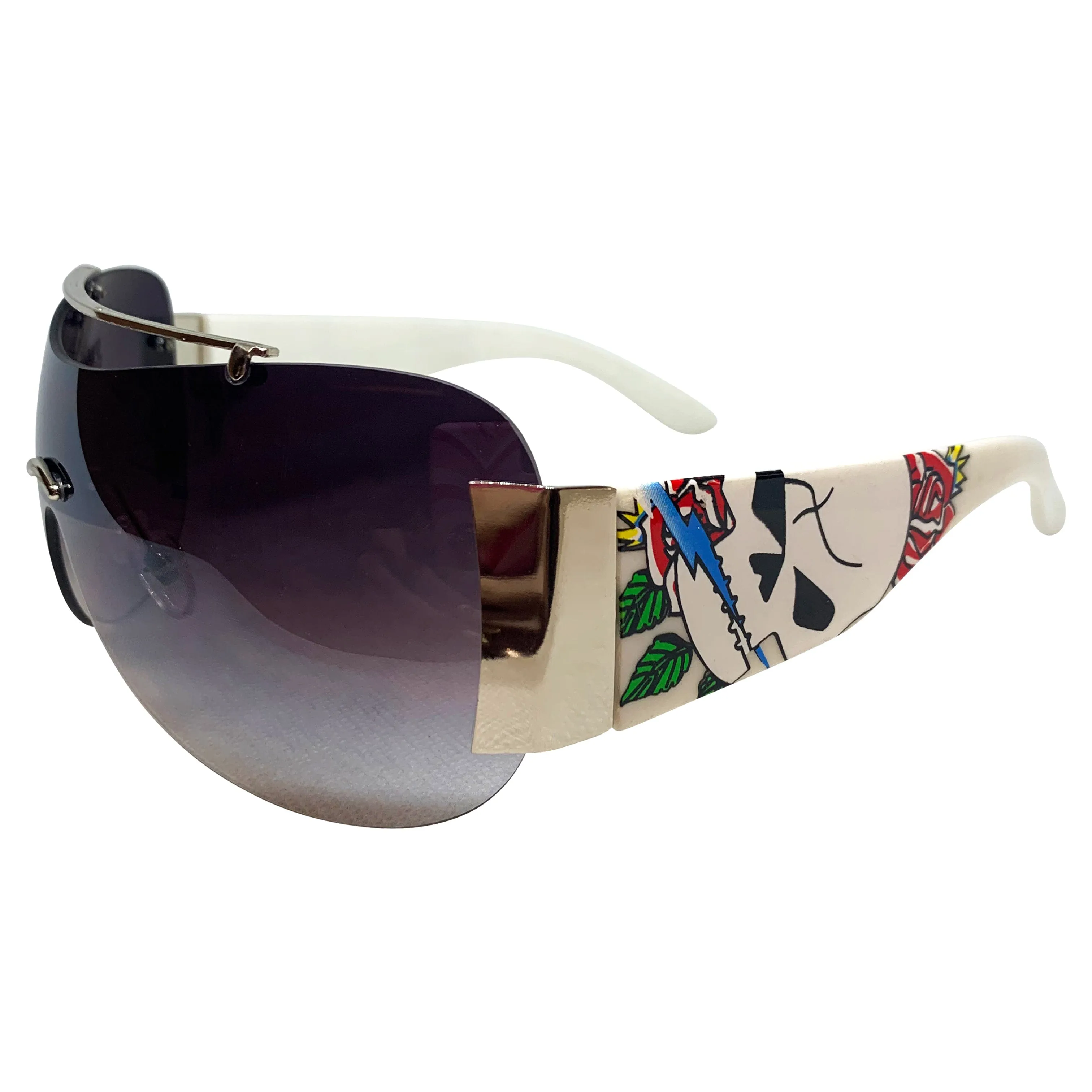 EDDY Y2K Tattoo Art Shield Sunglasses: White/Smoke Torch Skull sold by Giant Vintage