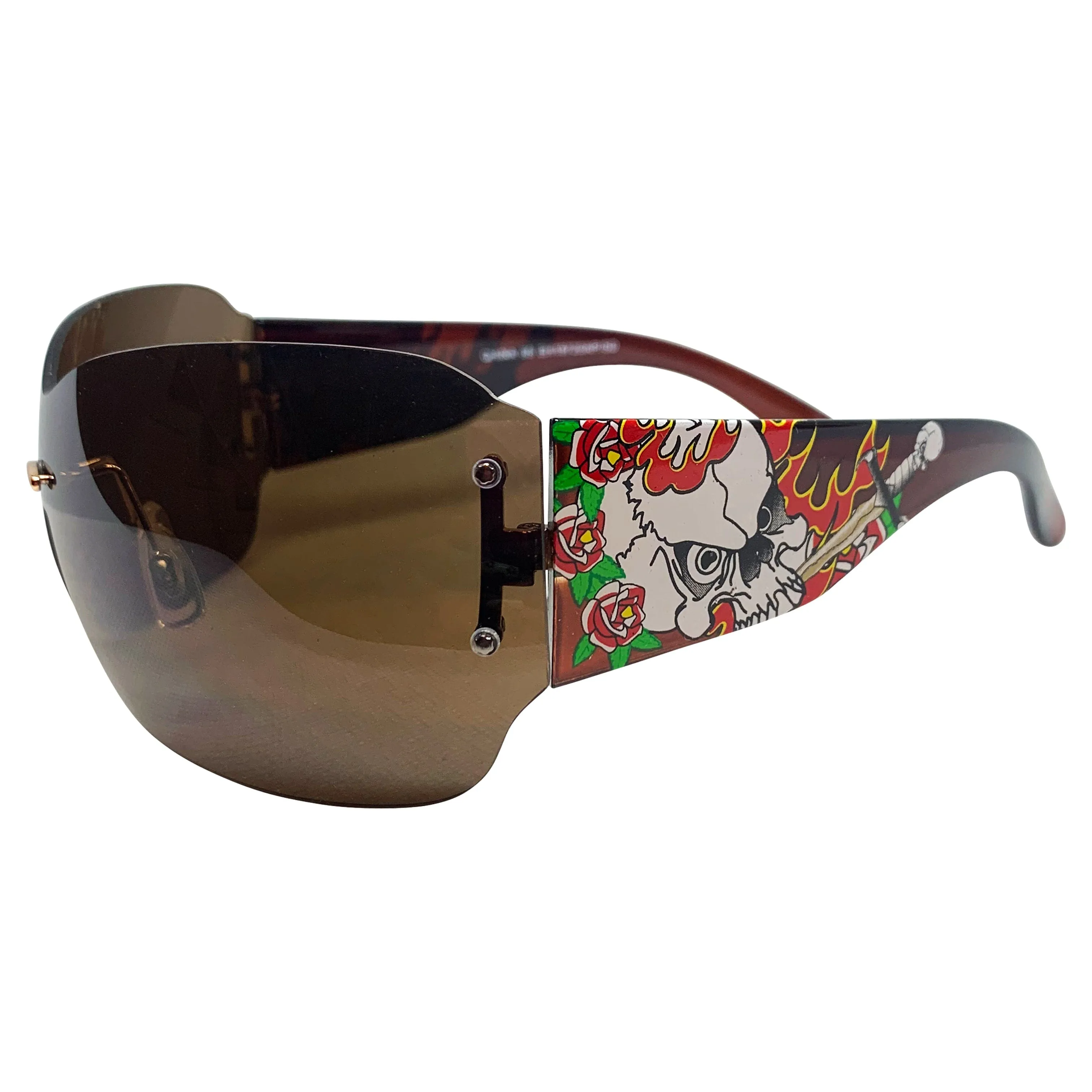 DAWN Tattoo Art Y2K Shield Sunglasses: Brown/Brown Flame Skull sold by Giant Vintage