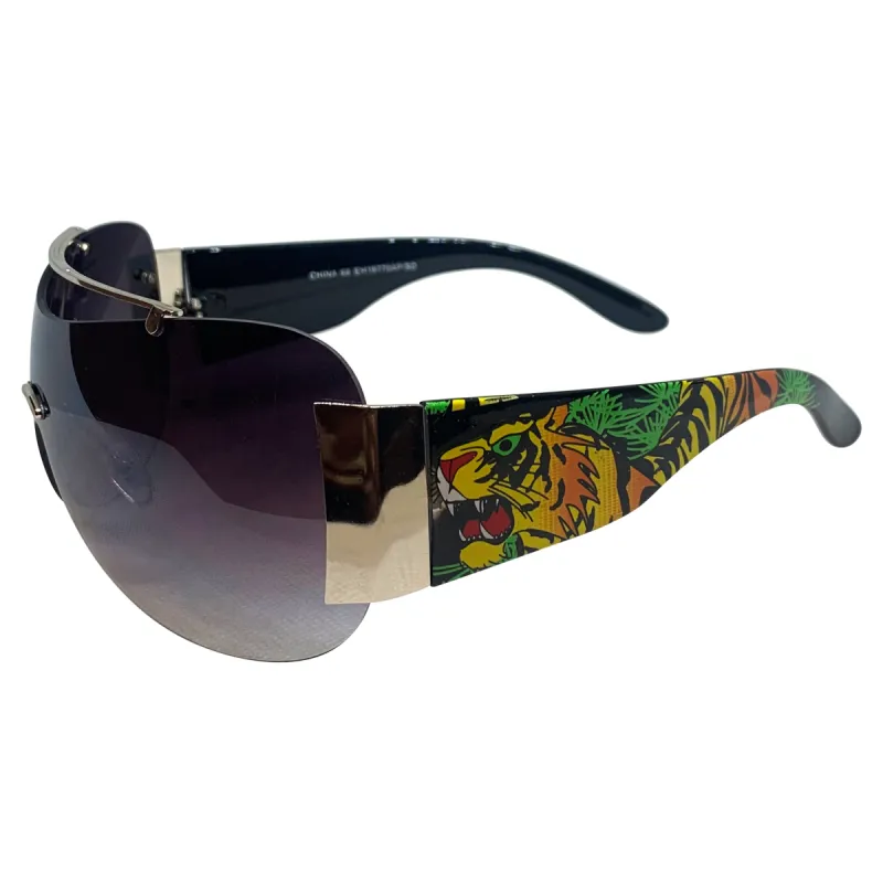 EDDY Y2K Tattoo Art Shield Sunglasses: Black/Smoke Tigers sold by Giant Vintage