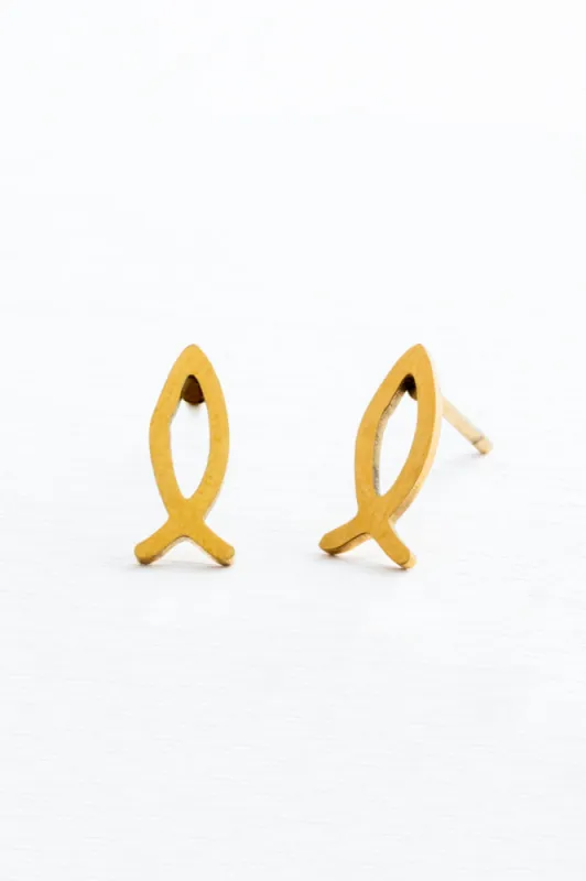 Ichthus Fish Studs in Gold sold by Starfish Project