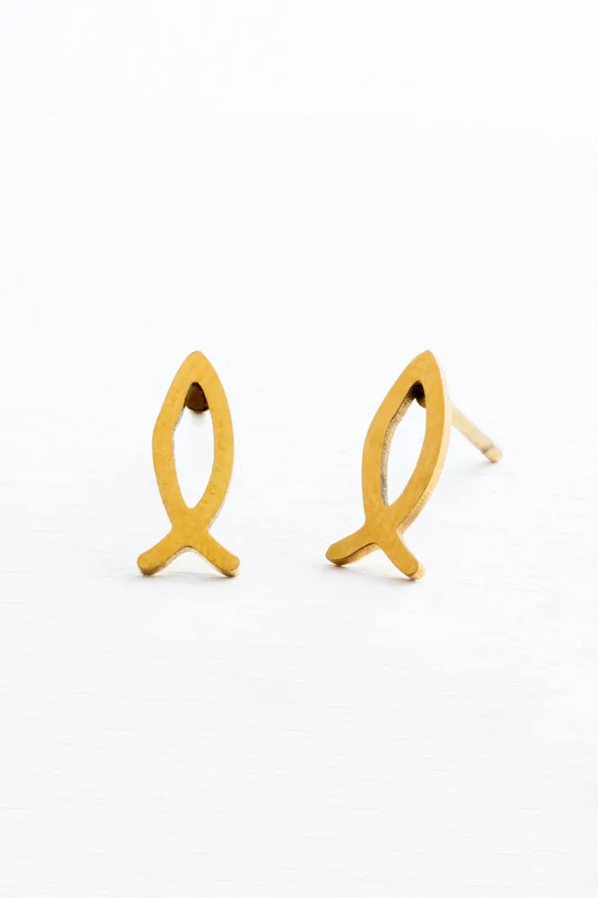 Ichthus Fish Studs in Gold sold by Starfish Project