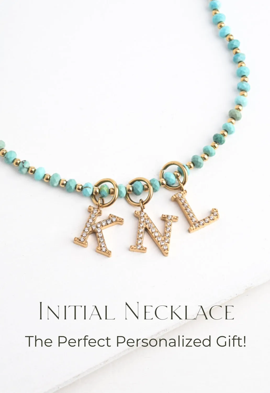 Turquoise Beaded Necklace with 3 Initial Charms sold by Starfish Project product image thumbnail 2