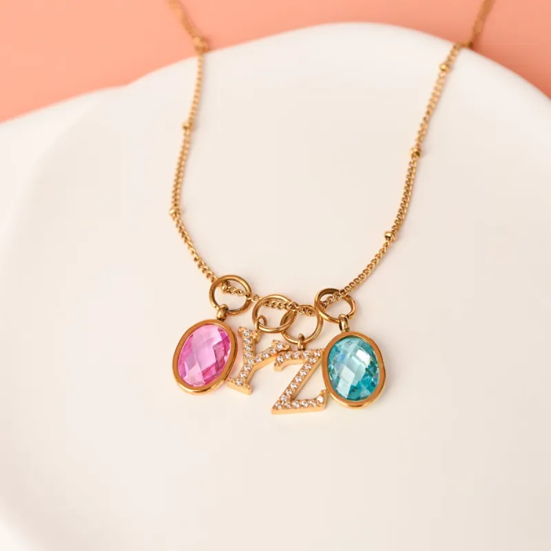 Two Initial & Two Birthstone Charms Gold Necklace Set sold by Starfish Project