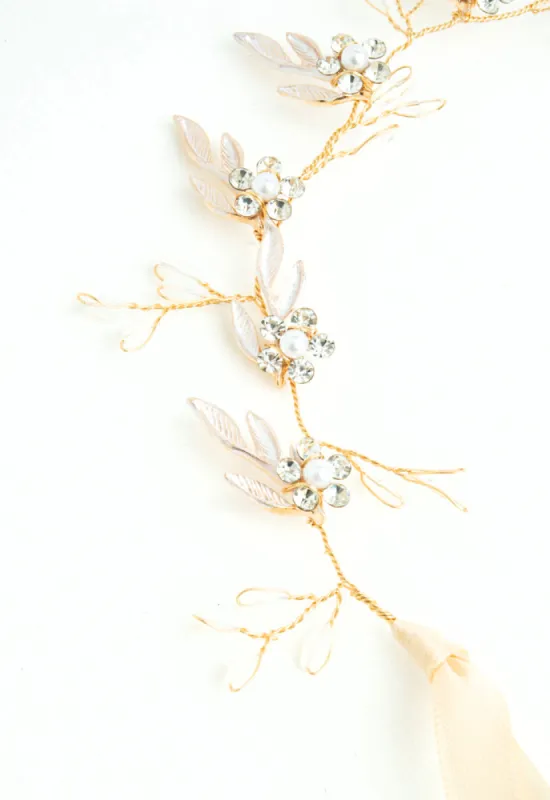 Petite Floral Crystal and Pearl Silk Ribbon Headband sold by Starfish Project
