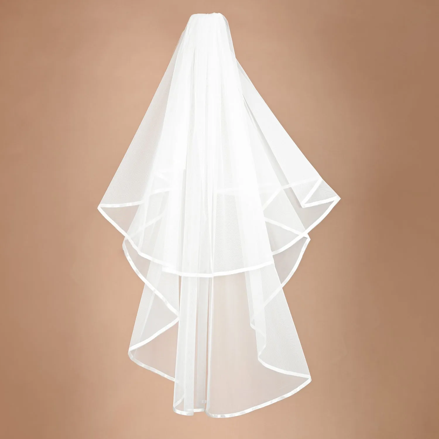 Treasured Two Tier Satin Ribbon Trim Fingertip Length Veil sold by Starfish Project