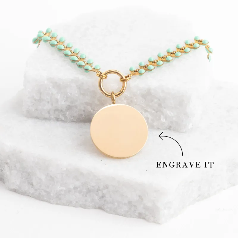 Engravable Round Pendant on Seeds of Hope Chain in Mint sold by Starfish Project