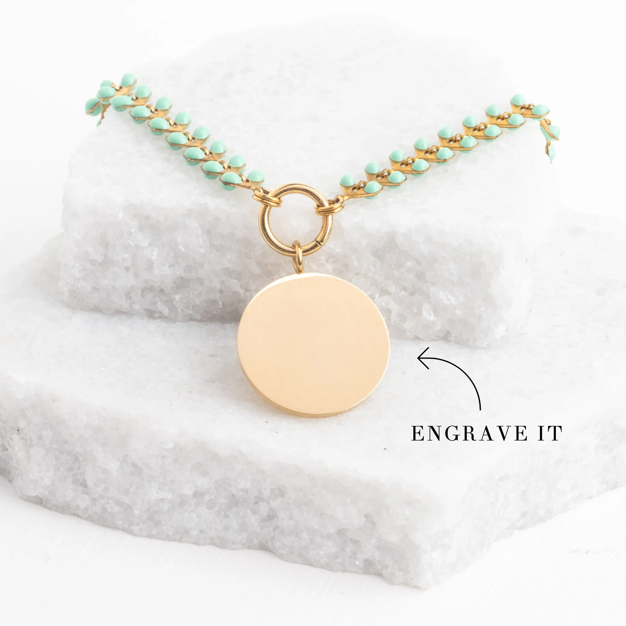 Engravable Round Pendant on Seeds of Hope Chain in Mint sold by Starfish Project