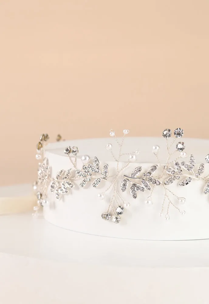 Ethereal Vine Silver Crystal and Pearl Silk Ribbon Headband sold by Starfish Project product image thumbnail 5