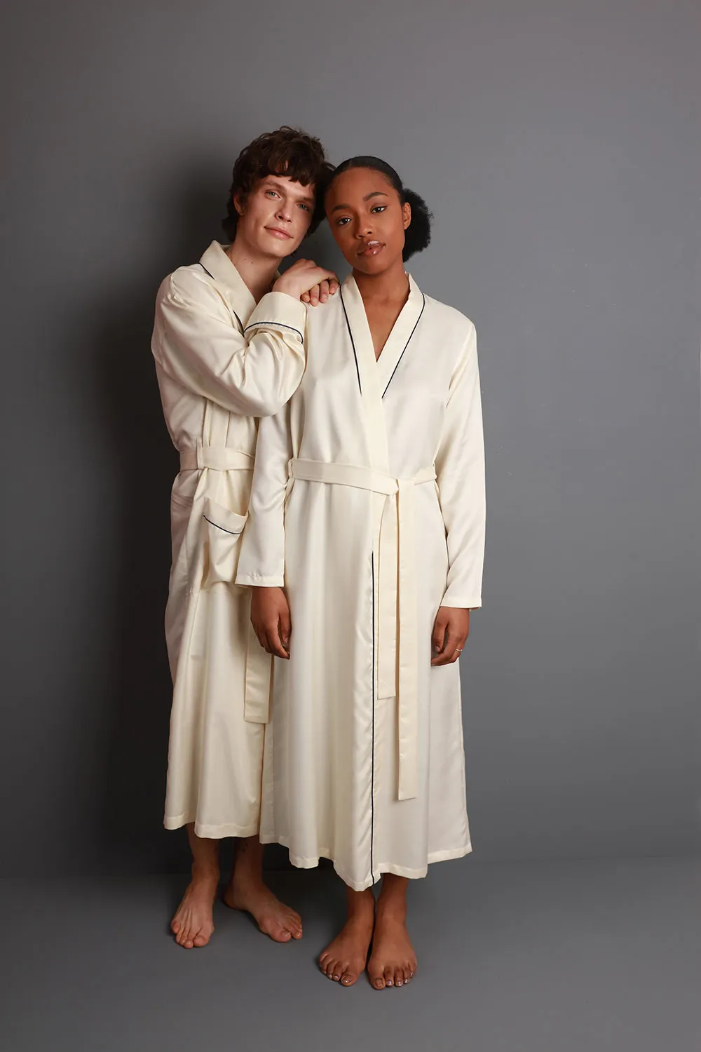 Men's Mulberry Silk Robe - Natural Ivory with Navy Piping sold by The Ethical Silk Company product image thumbnail 3